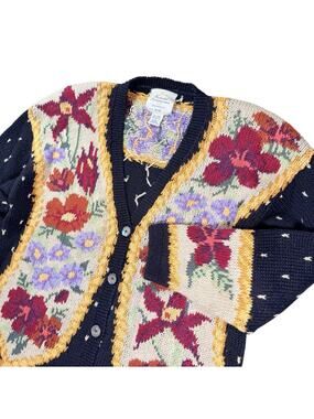 Express Vintage 90’s Hand‎ Knit Floral Cardigan Sweater Oversized Womens S